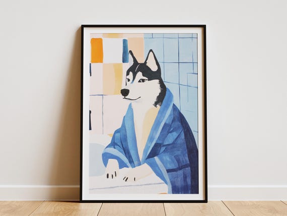 Husky Dog In Bathrobe Art Print Bathroom Wall Decor Matisse Style Animal Poster Funny Canine Illustration Modern