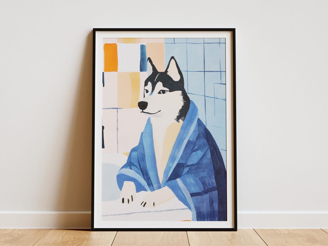 Husky Dog in Blue Bathrobe Matisse Style Modern Bathroom Art Poster