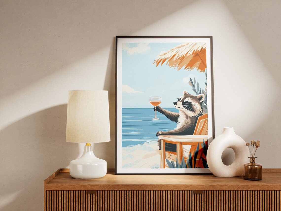 Raccoon Beach Cocktail Lounge Chair Palm Umbrella Funny Poster - Image 4
