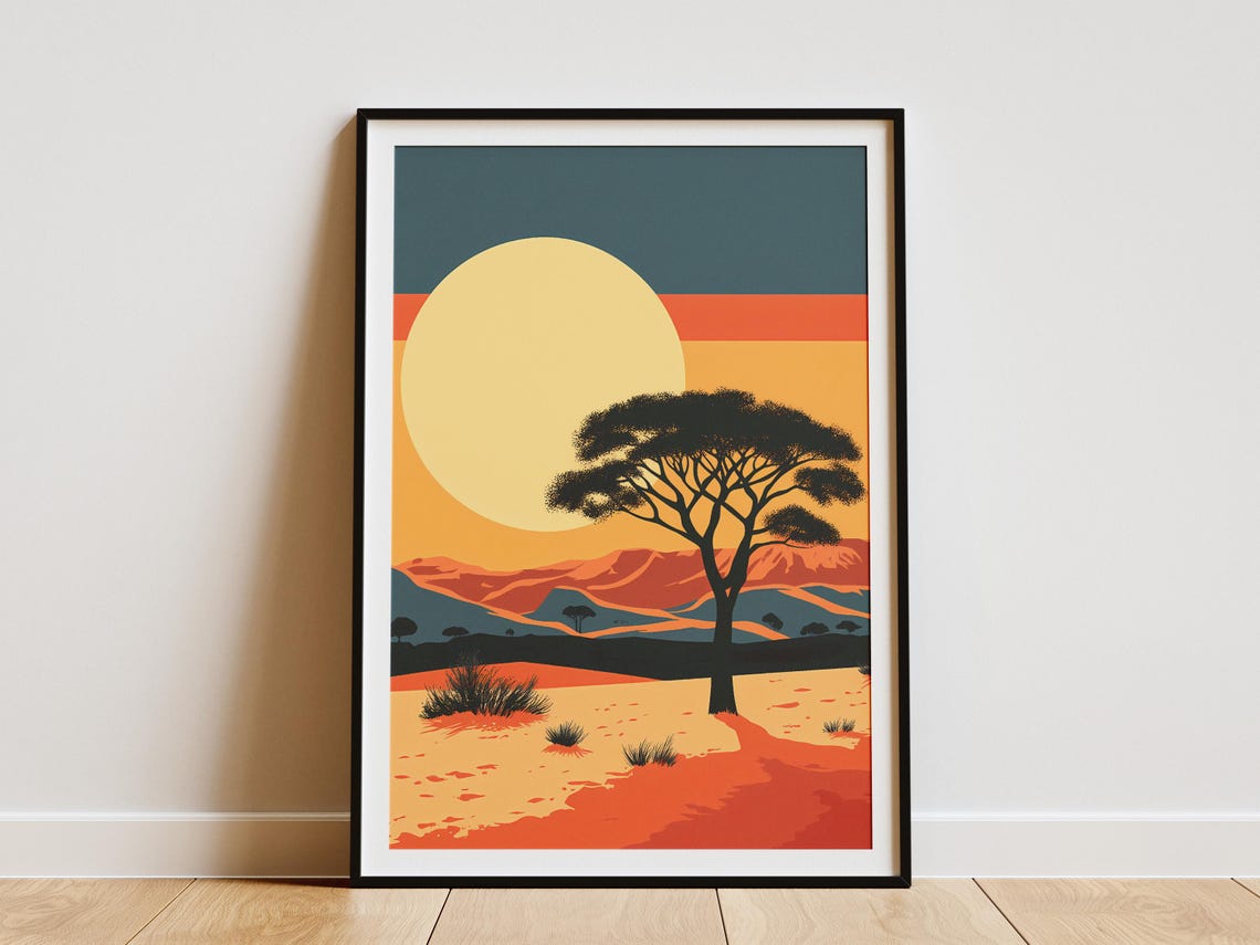 African Desert Sunset Lone Acacia Tree Minimalist Art Poster