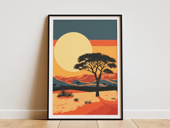 African Sunset Landscape Poster Niger Desert Print Flat Illustration Modern Minimalist Art Orange And Teal Color Palette Nature Wall Art