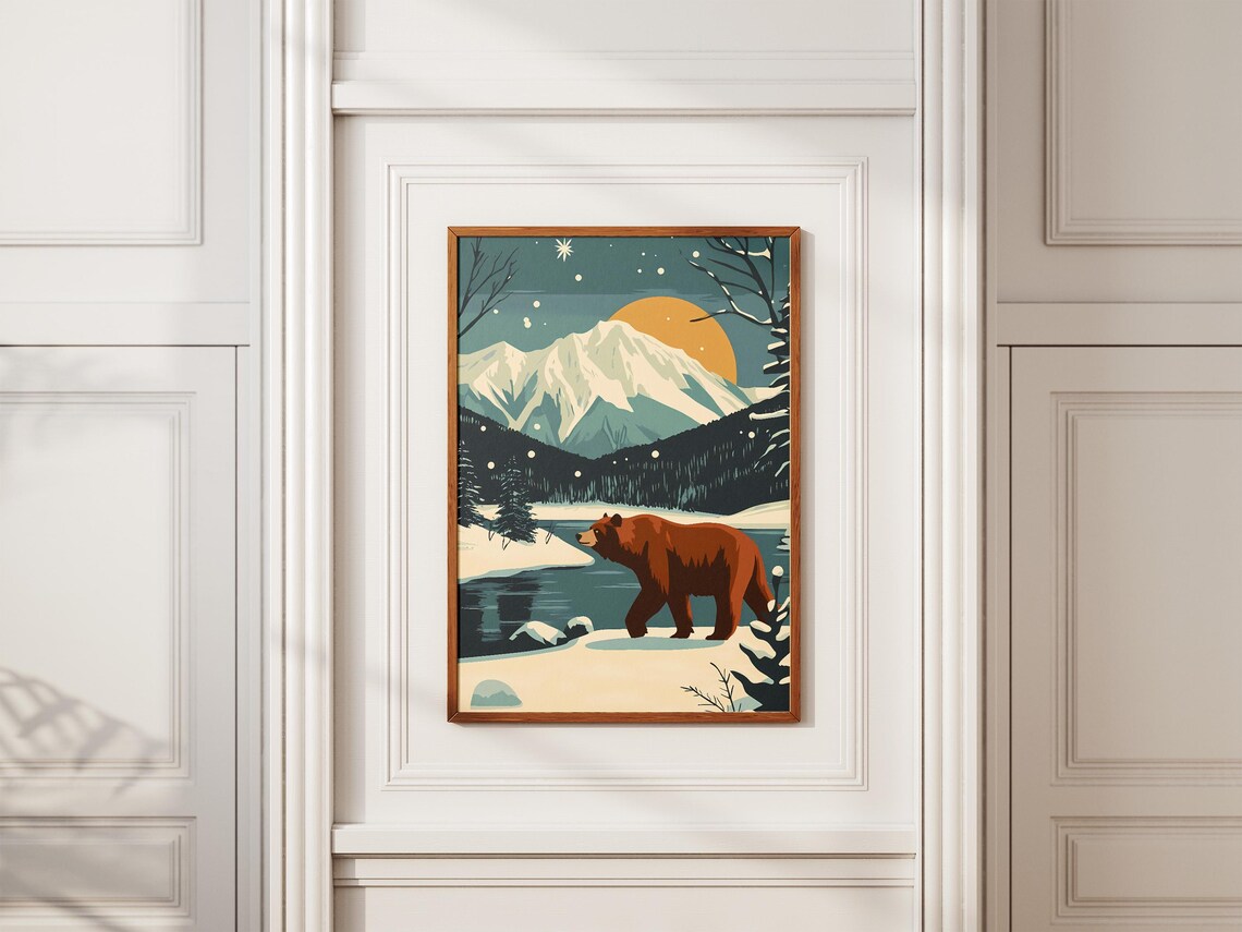Brown Bear Walking Beside Snowy Mountain Lake At Sunset Poster - Image 2