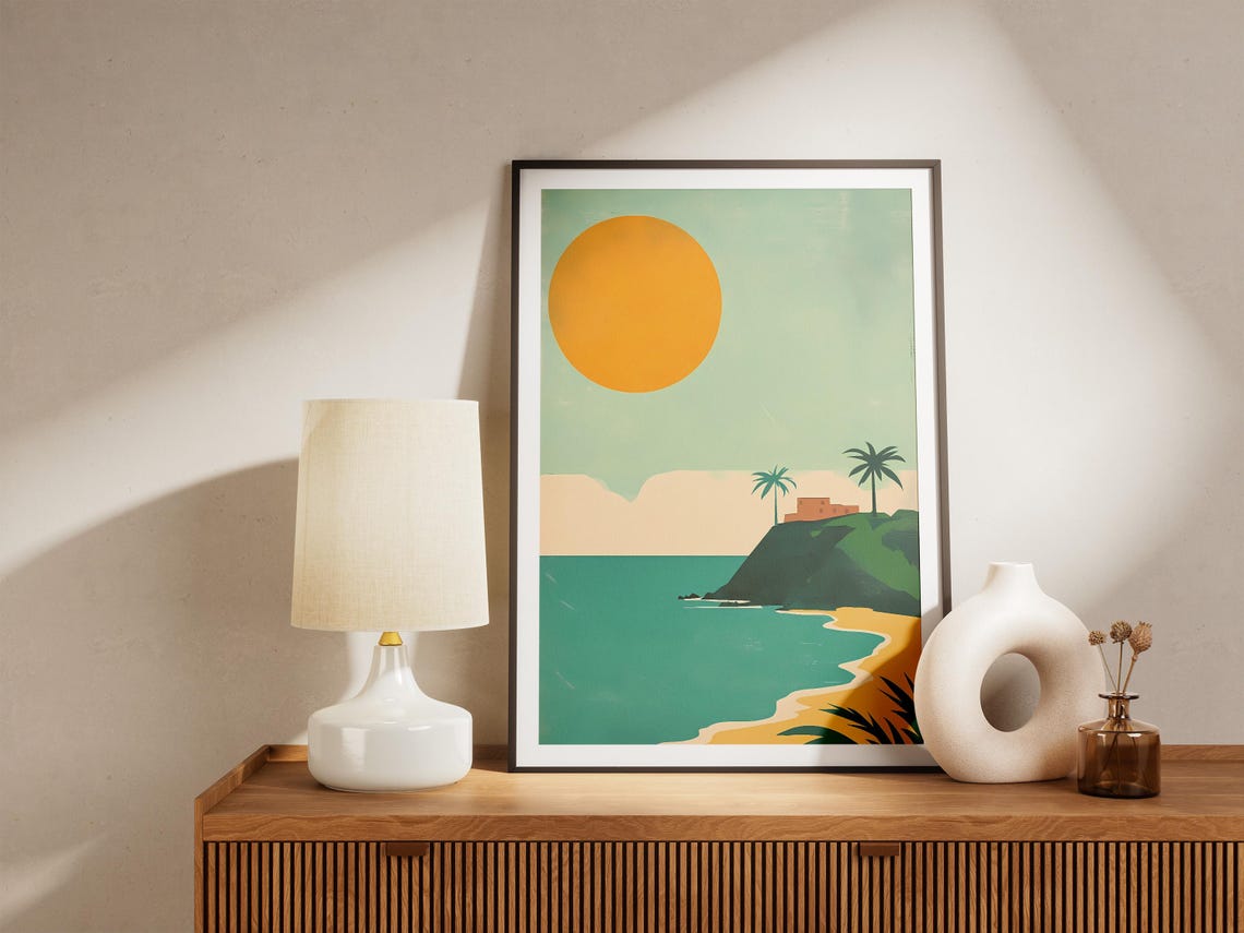 Minimalist Beach Giant Sun Teal Sea Green Headland Sunset Poster - Image 5