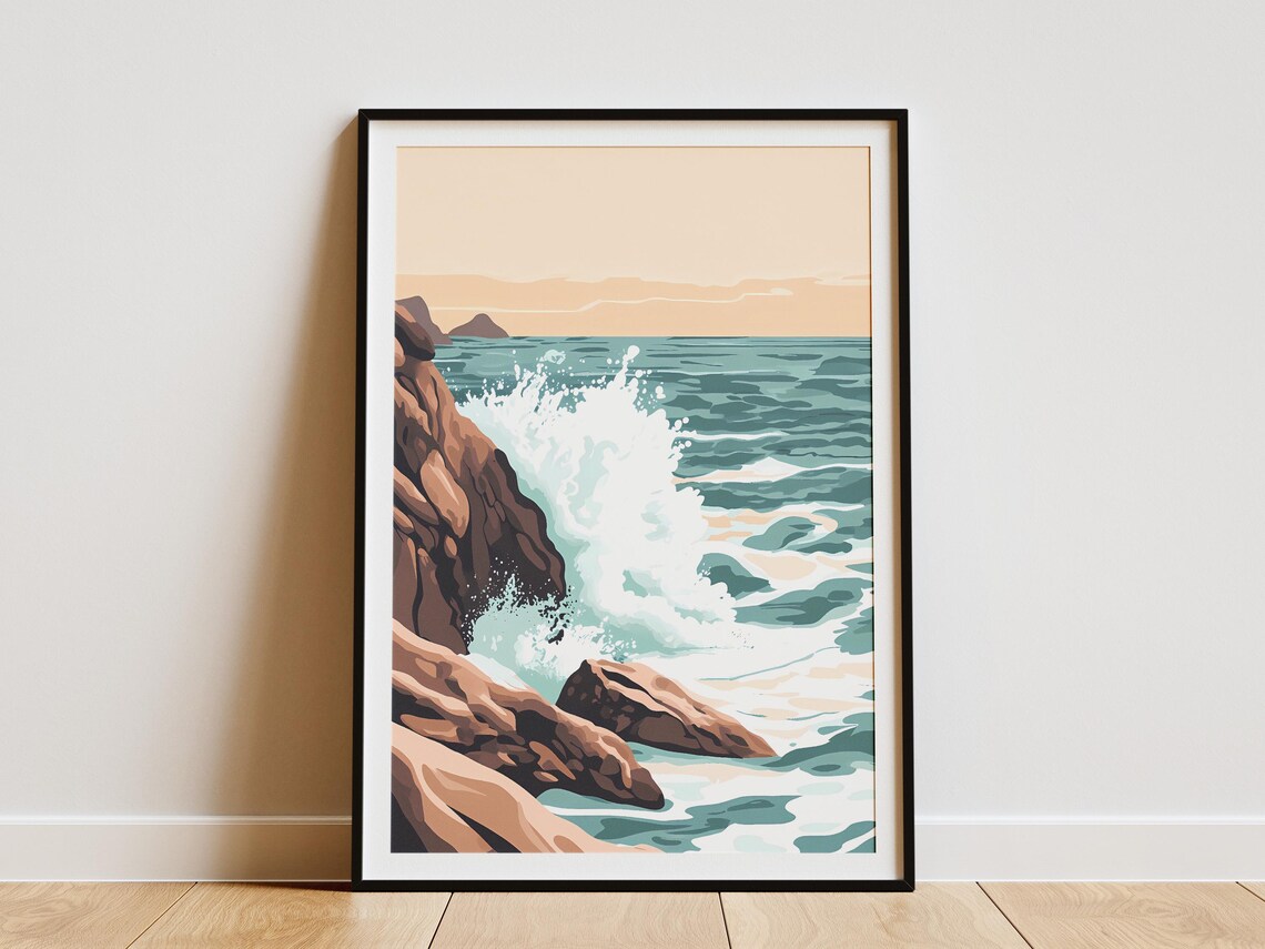 Ocean Wave Crashing on Brown Rocky Cliffs at Golden Hour Poster