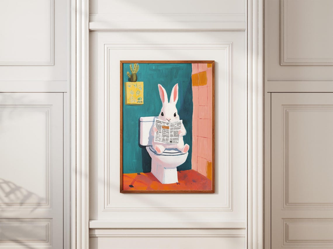 White Rabbit Reading Newspaper On Teal Toilet Bathroom Poster - Image 2