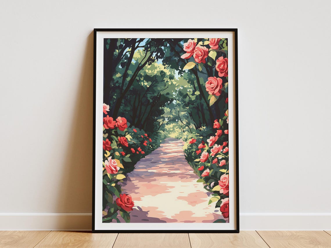 Red Rose Covered Garden Path Shady Summer Walkway Wall Poster
