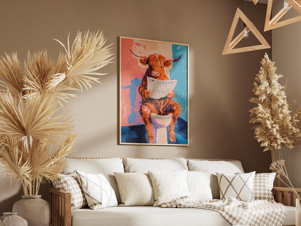 Highland Cow Reading Newspaper On Toilet Painterly Bathroom Poster - Image 3