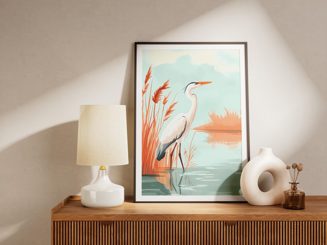 Great Blue Heron in a Marsh with Red Reeds Wetland Bird Poster - Image 5