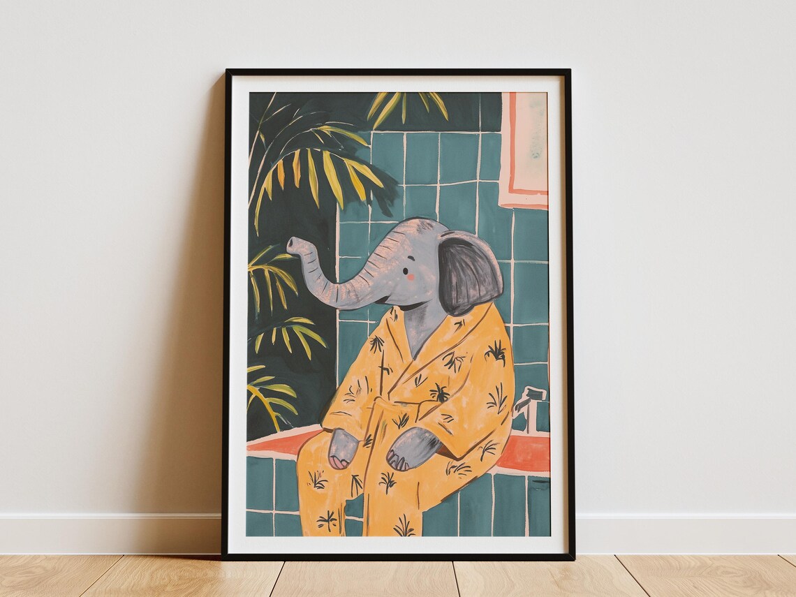 Baby Elephant in Yellow Robe Teal Bathroom Cute Animal Poster