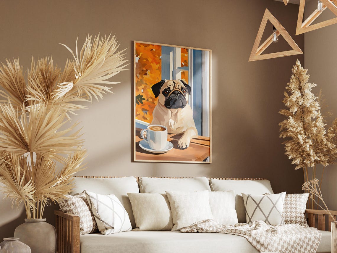 Pug With A Coffee Cup At A Cafe Table On An Autumn Day Poster - Image 3