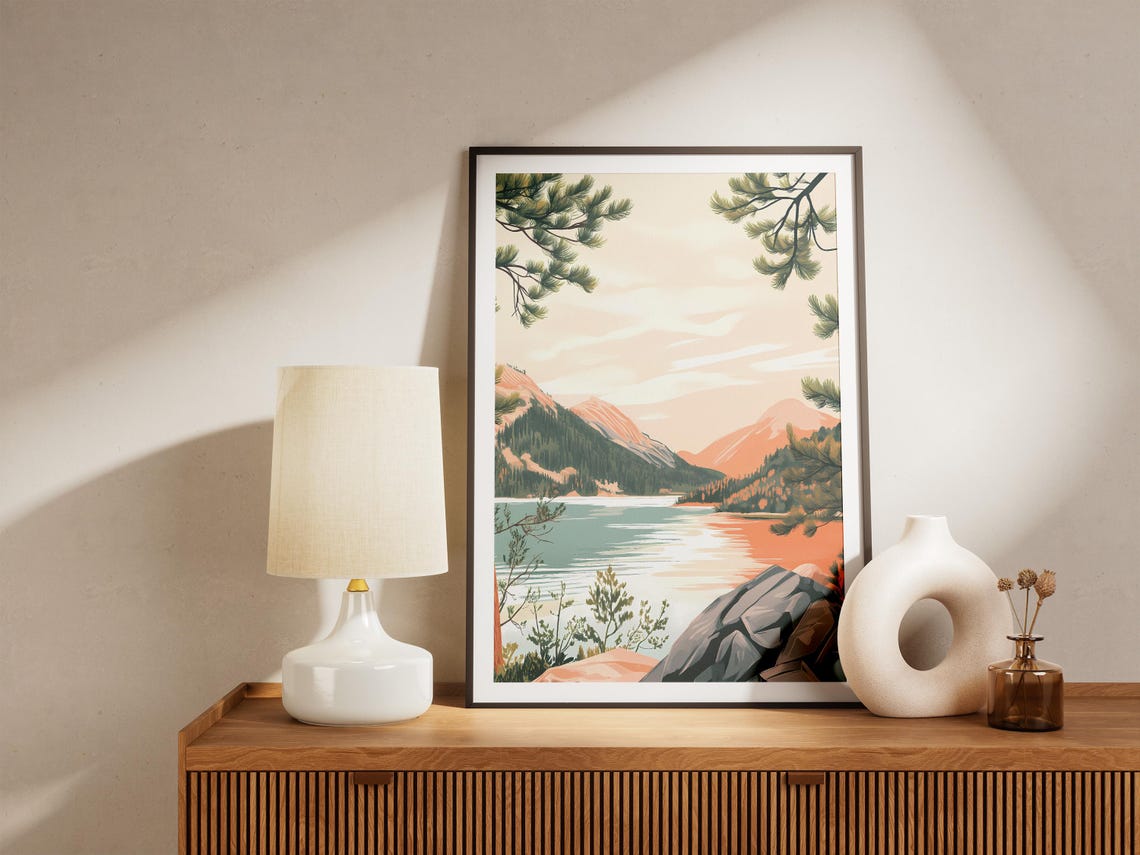 Alpine Lake Rocky Shore Peach Mountain Sunset View Scene Poster - Image 5