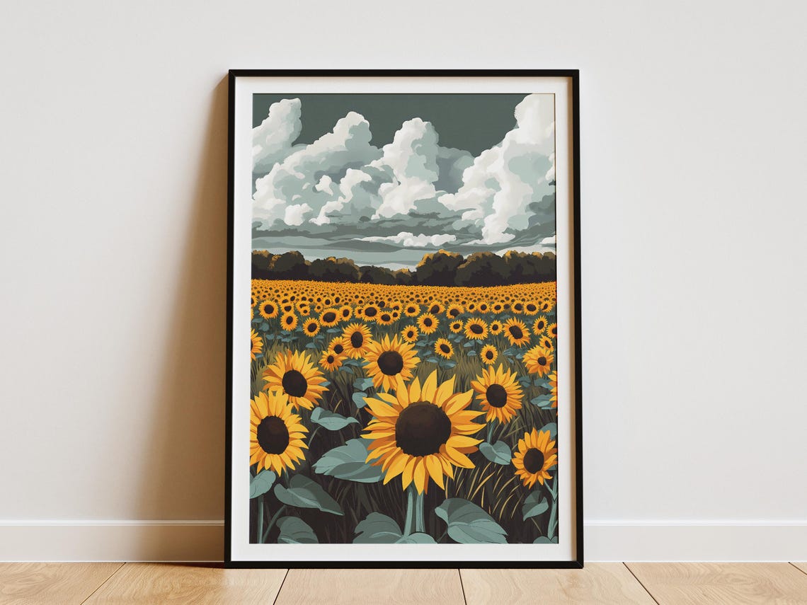 Golden Sunflower Field Under Dramatic Stormy Clouds Summer Poster