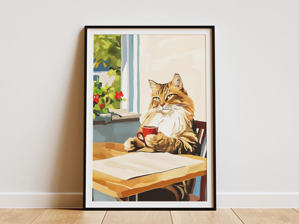 Fluffy Maine Coon Cat Holding a Red Mug at Window Cafe Poster
