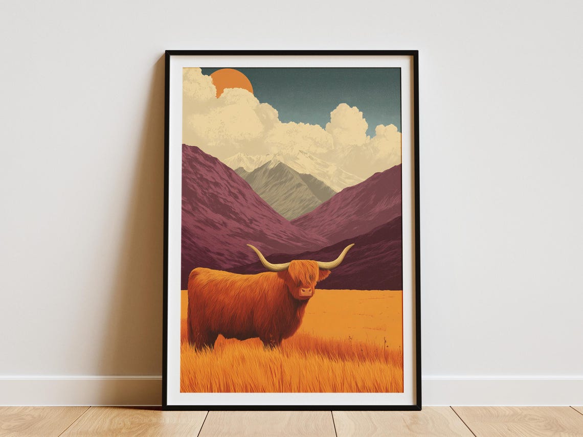 Highland Cow in Golden Field Purple Mountains Sunset Art Poster