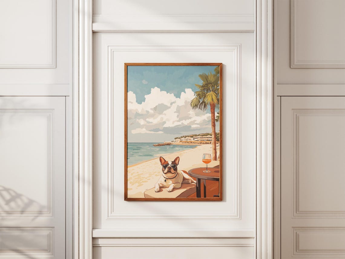 Boston Terrier in Sunglasses Lounging With Wine at the Beach Poster - Image 2