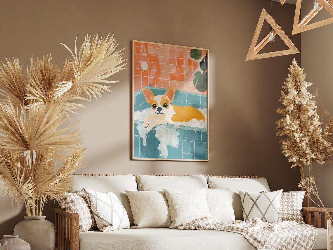Chihuahua Bubble Bath Relaxing Teal Bathroom Funny Dog Poster - Image 3