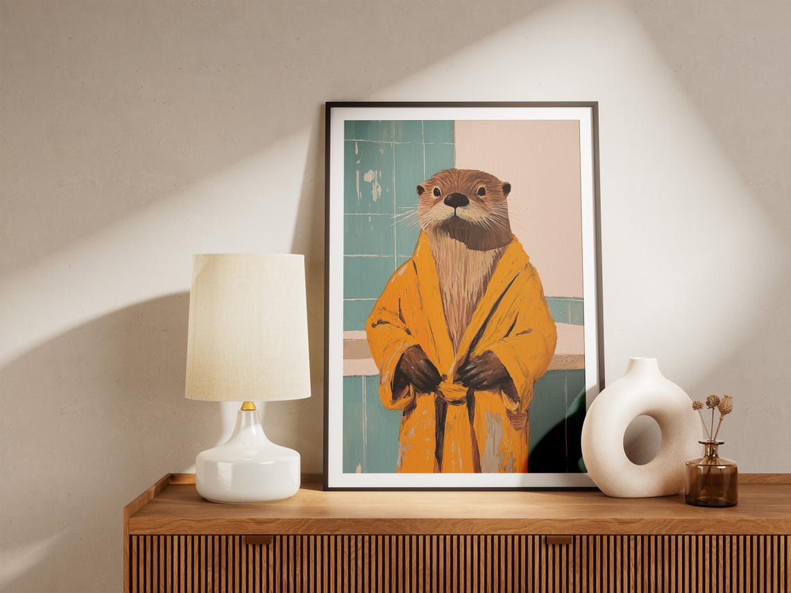 Sea Otter Wearing Yellow Bathrobe Teal Tile Bathroom Art Poster - Image 5