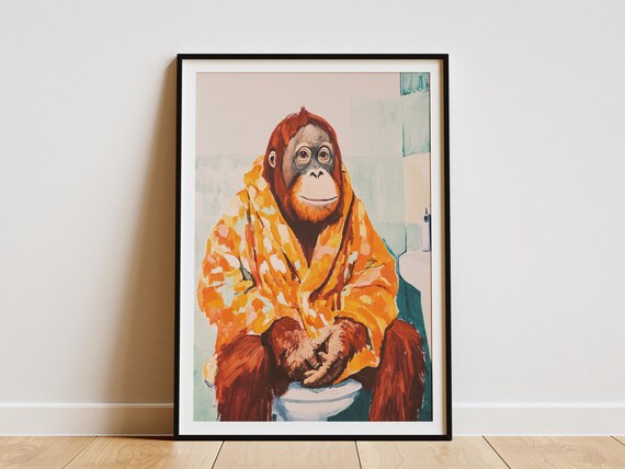Orangutan In Bathrobe Bathroom Painting Art Print Funny Animal Poster Modern Primate Painting Unique Wall Decor Whimsical Orangutan