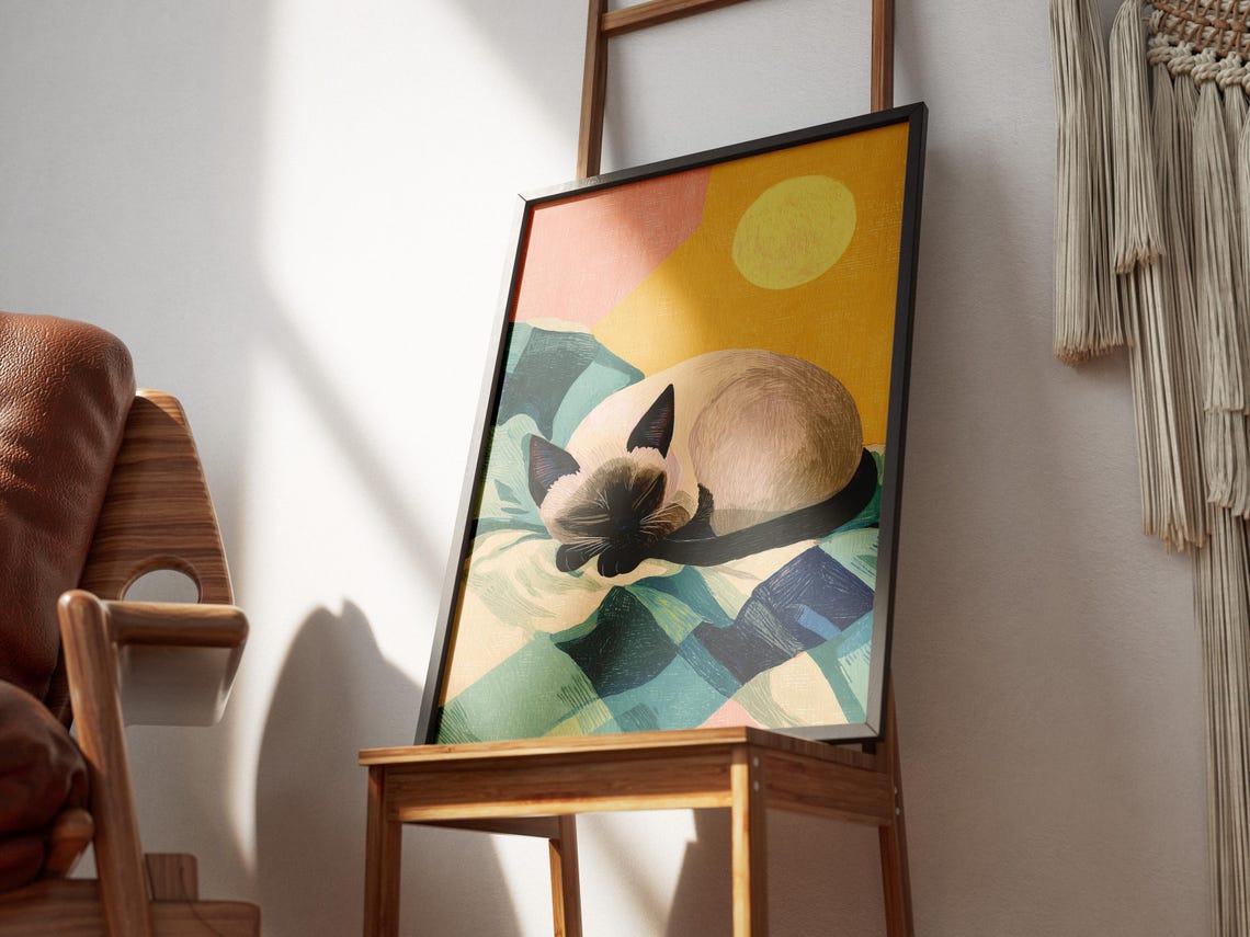 Sleeping Siamese Cat on Teal Bedding Yellow Sun Matisse Poster - Image 2