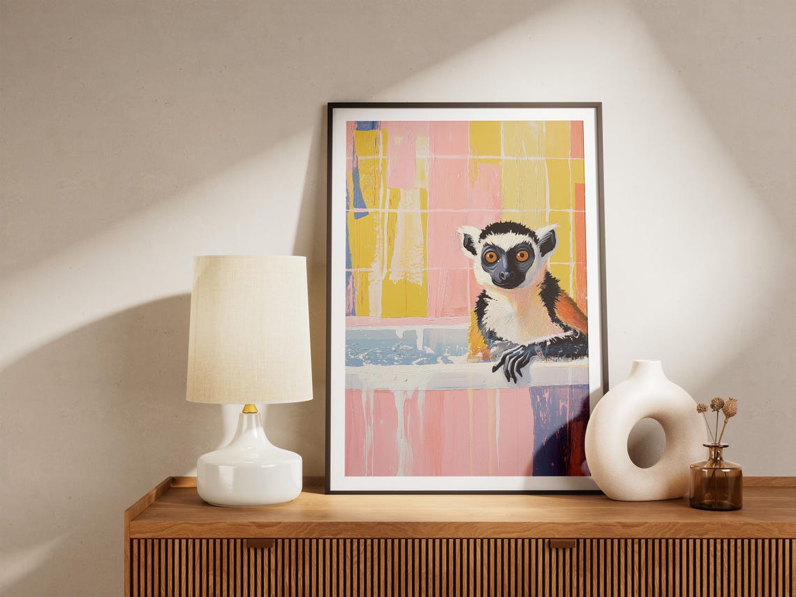 Ring Tailed Lemur Peeking Over Bubbly Pink Bathtub Animal Poster - Image 5