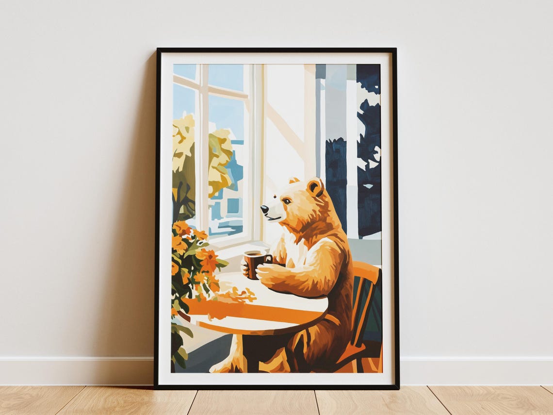 Friendly Bear Sipping Coffee by a Sunny Window with Marigolds Poster