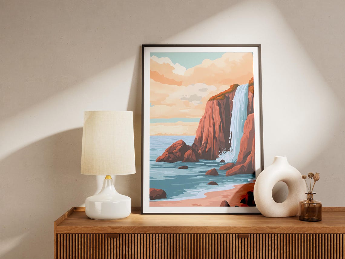Coastal Waterfall Into Ocean Red Rock Cliff Illustration Poster - Image 5