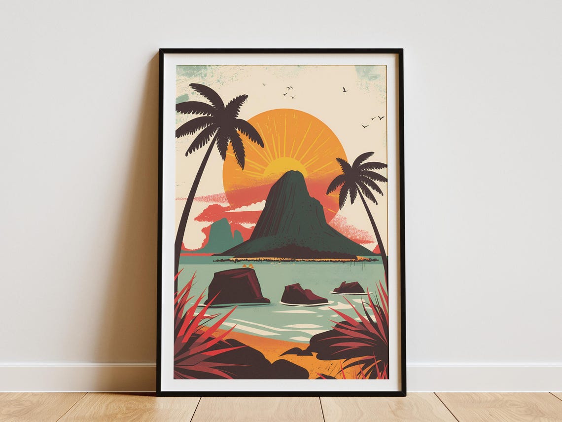 Tropical Island Sunset Palm Silhouette Mountain Peak Birds Poster