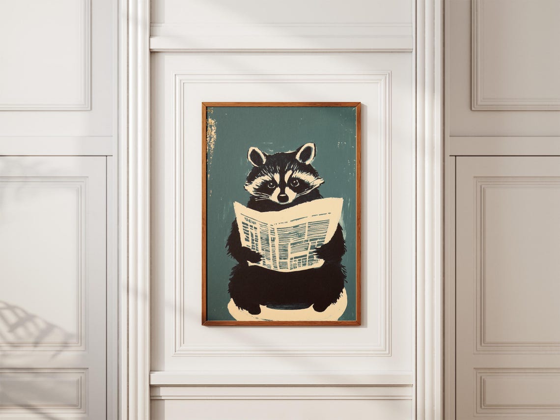 Raccoon Reading Newspaper On Toilet Dark Teal Bathroom Poster - Image 2