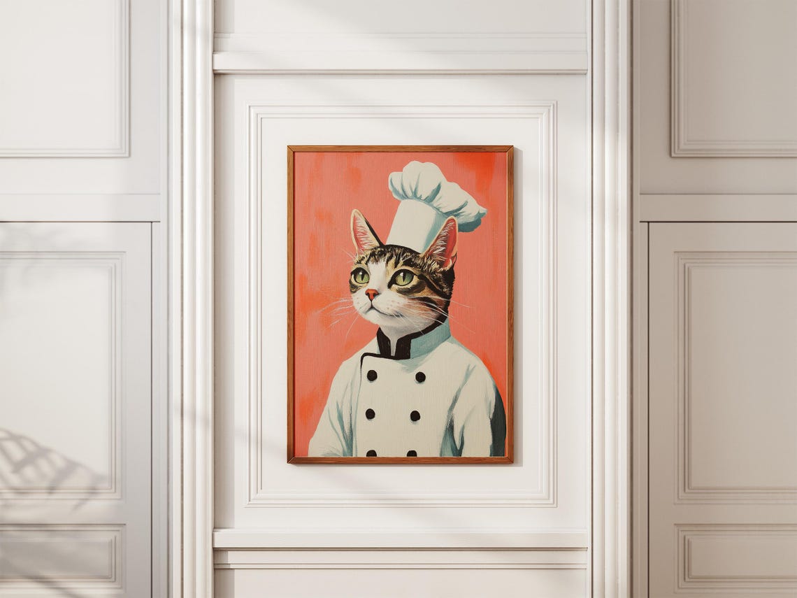 Tabby Cat Chef Portrait Green Eyes Cute Kitchen Decor Poster - Image 2