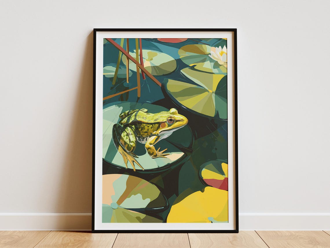 Green Frog Sitting On Lily Pad Pond Botanical Illustration Poster