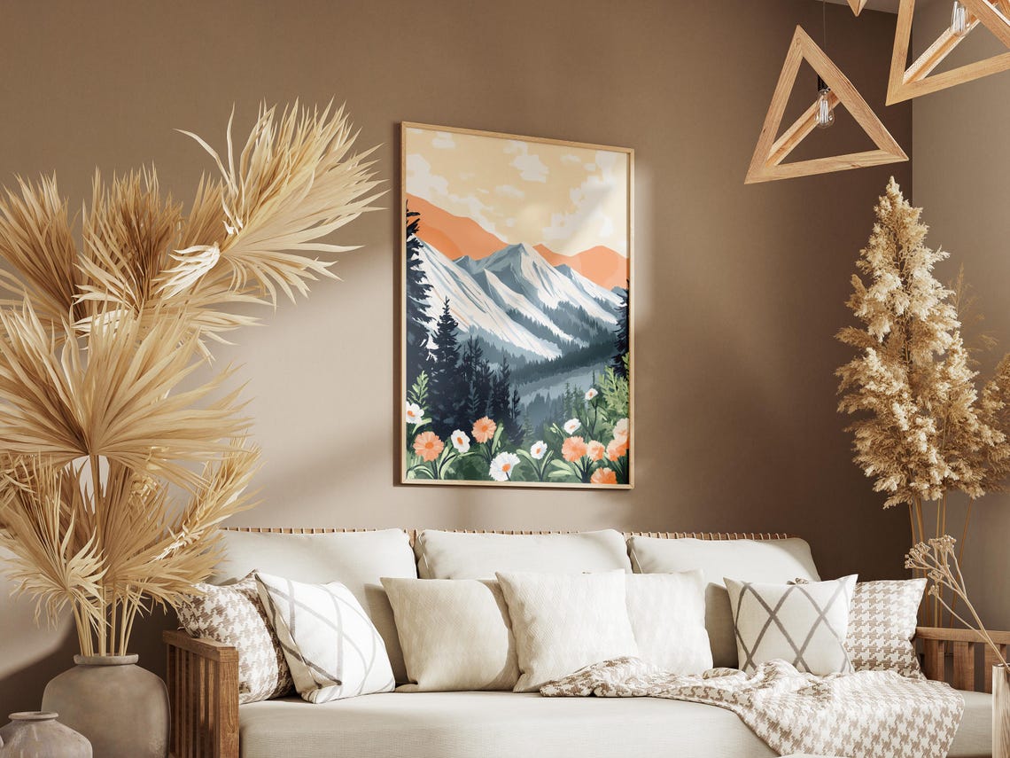 Misty Blue Mountains With Wild Daisies Botanical Landscape Poster - Image 3