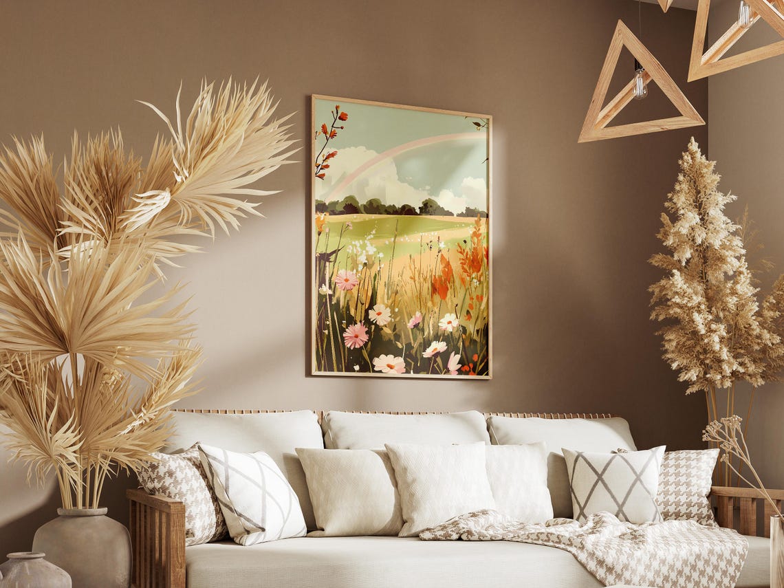 Wildflower Meadow with Daisies and a Soft Rainbow Arc Poster - Image 3