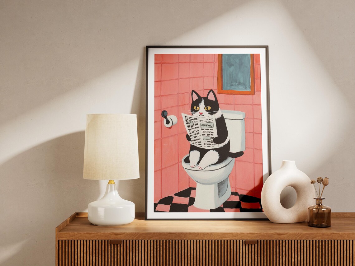 Tuxedo Cat Reading Newspaper on Toilet Pink Bathroom Art Poster - Image 4