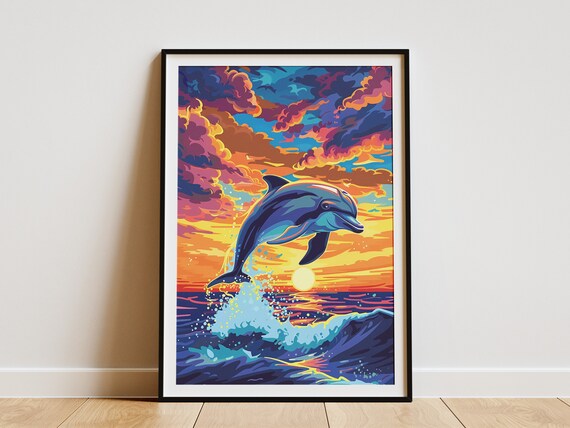 Ocean Dolphin Sunset Poster Print Abstract Animal Art Tropical Beach Wall Decor
