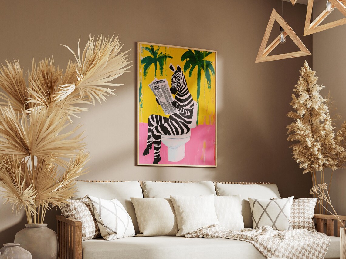 Zebra Reading Newspaper on Toilet Tropical Pink Palm Art Poster - Image 3