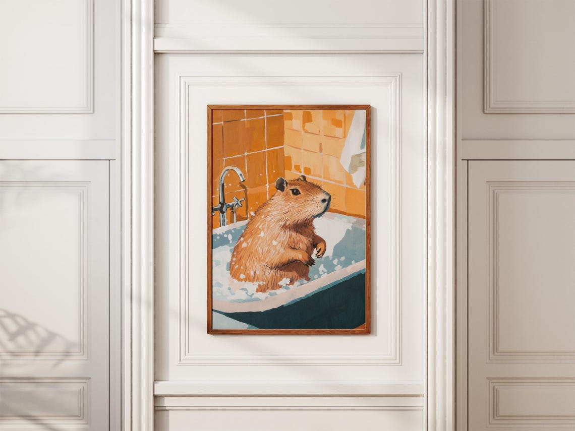 Capybara in Bathtub Orange Tile Bathroom Funny Animal Poster - Image 2