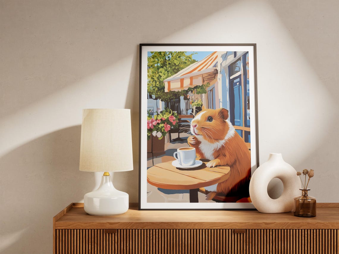 Plump Guinea Pig at Outdoor Cafe Table with Coffee Cup Poster - Image 4