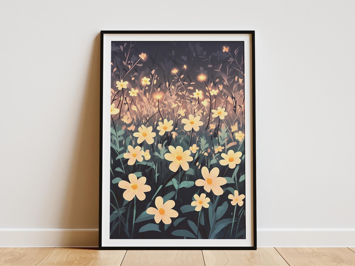 Twilight Meadow Glowing Yellow Primrose Flowers Botanical Art Poster