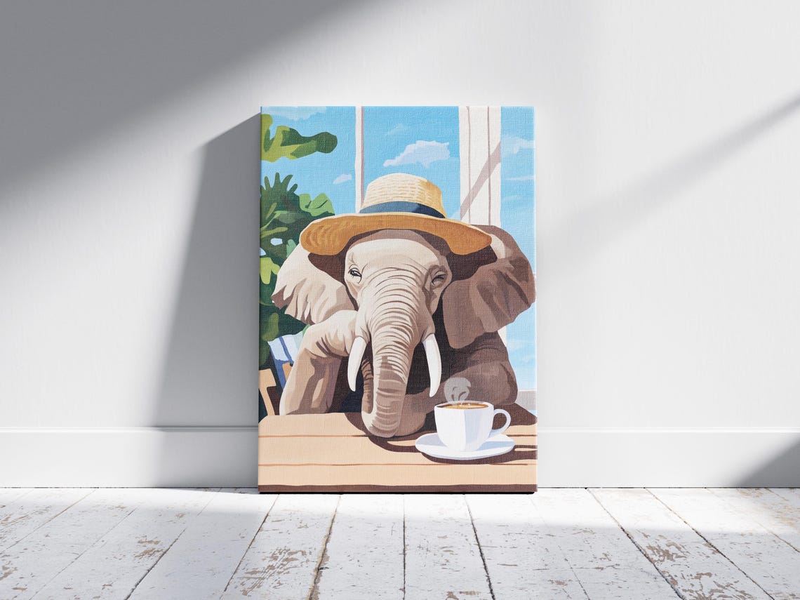 Elephant Art Print Cafe Poster Coffee Lover Gift Whimsical Wall Animal Home Decor With Hat - Image 2