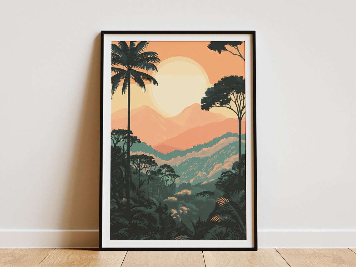 African Jungle Sunset Palm Silhouette Mountains Landscape Poster