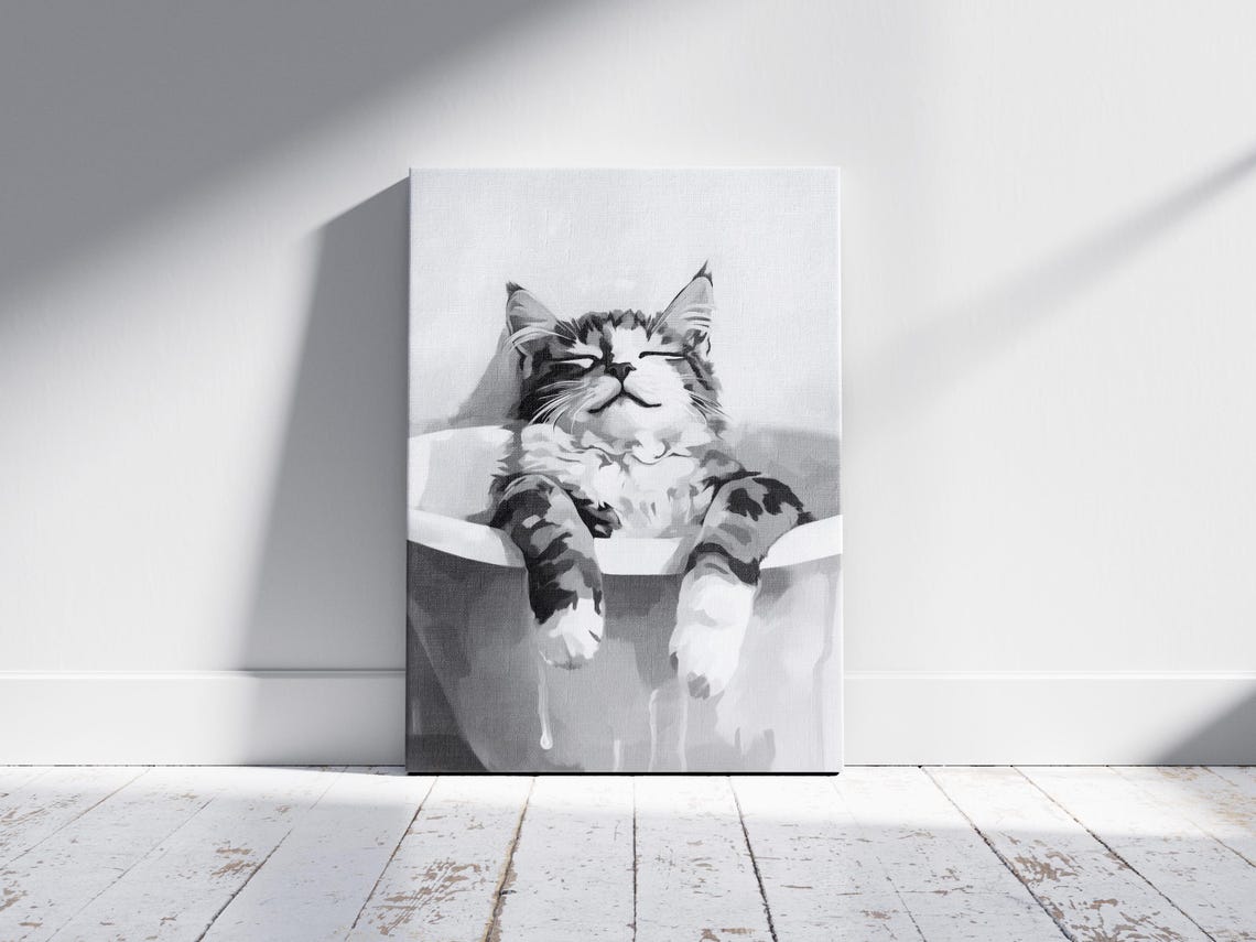 Bengal Cat Relaxing in Bathtub Black and White Cute Spa Decor Poster - Image 2