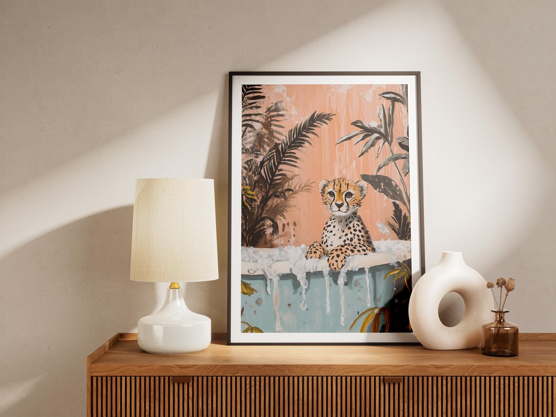 Baby Cheetah in Bubble Bath Tropical Bathroom Cute Animal Poster - Image 5