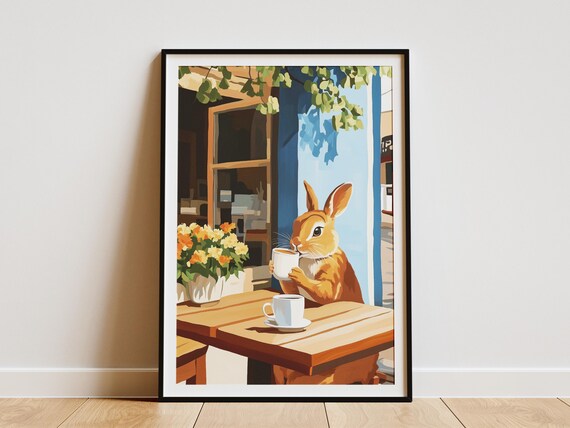 Rabbit Sipping Coffee At A Sunlit Outdoor Cafe Terrace Poster