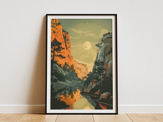 Vintage Travel Poster Minimalist Art Mid Century Modern Nature Landscape Forest River Moon Print