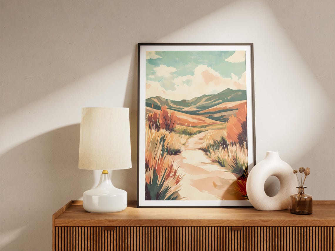 Sunset Meadow Trail Through Orange Grasses and Green Hills Poster - Image 5
