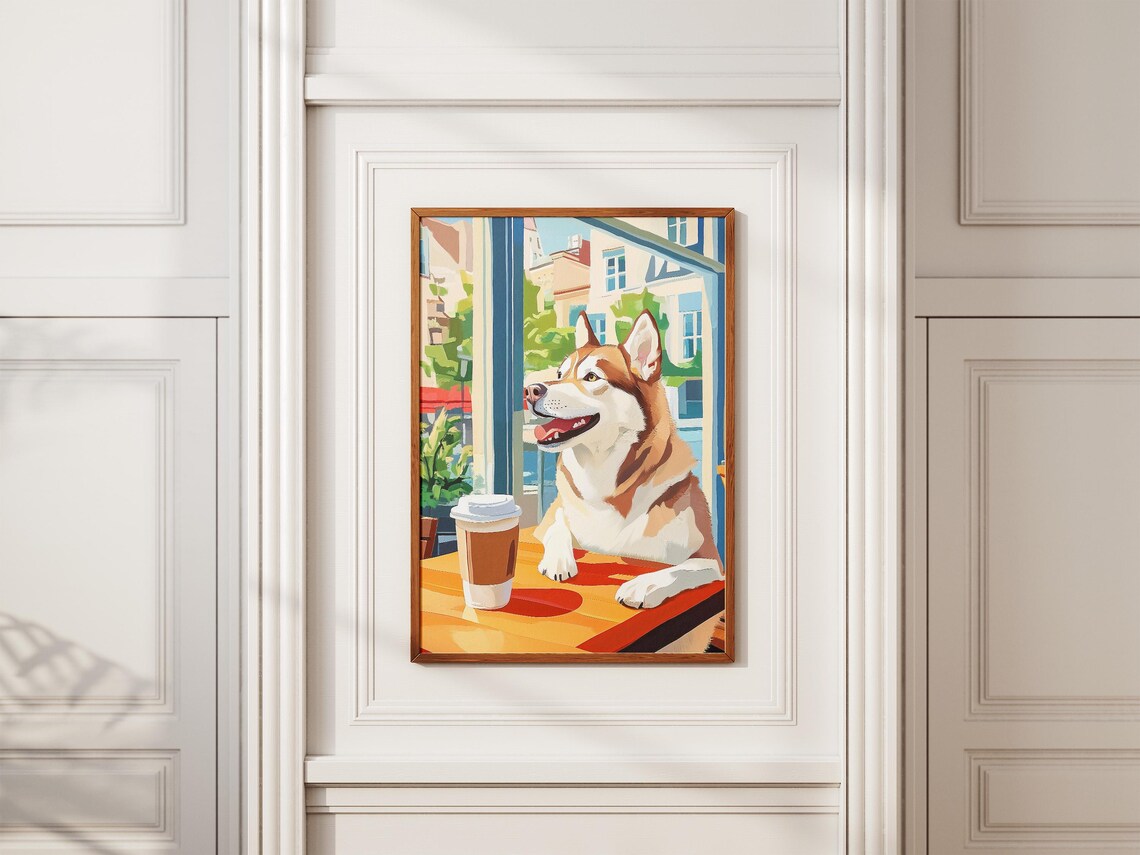 Smiling Husky with Takeaway Coffee at Sunny Cafe Window Poster - Image 2