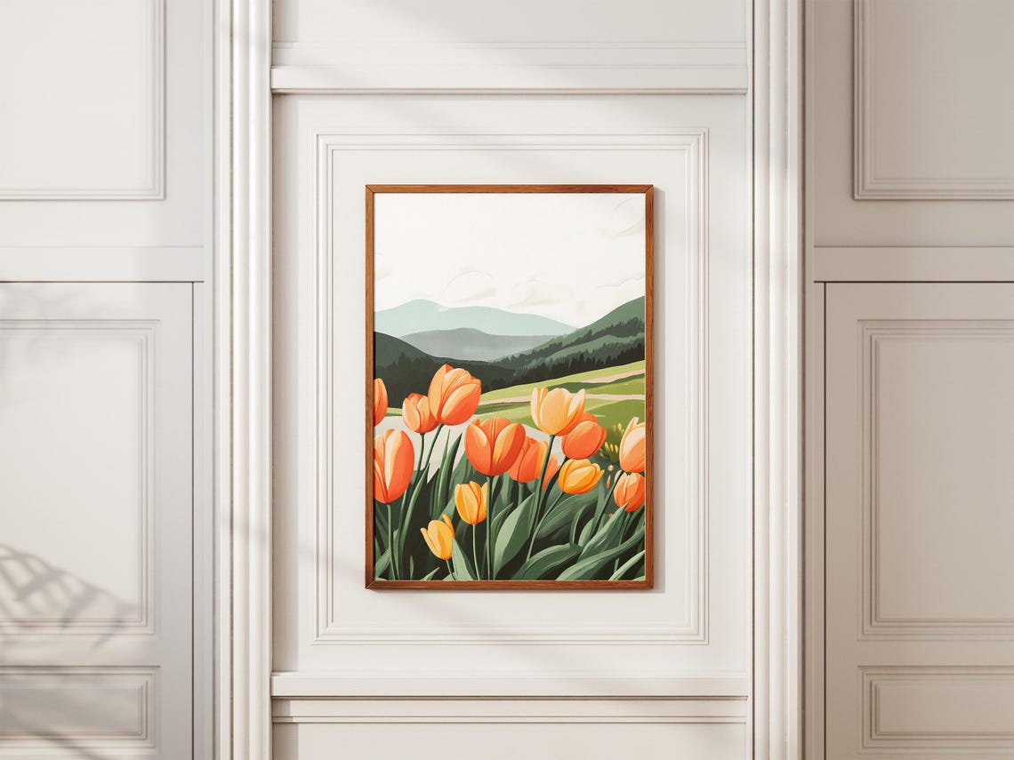 Bright Orange Tulips Blooming in a Green Mountain Valley Poster - Image 2
