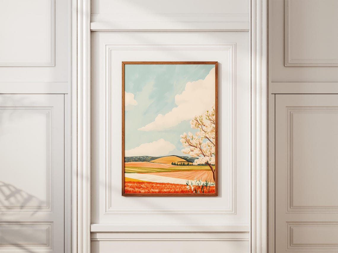 Blooming White Tree Beside Terraced Orange Fields Sky Poster - Image 2