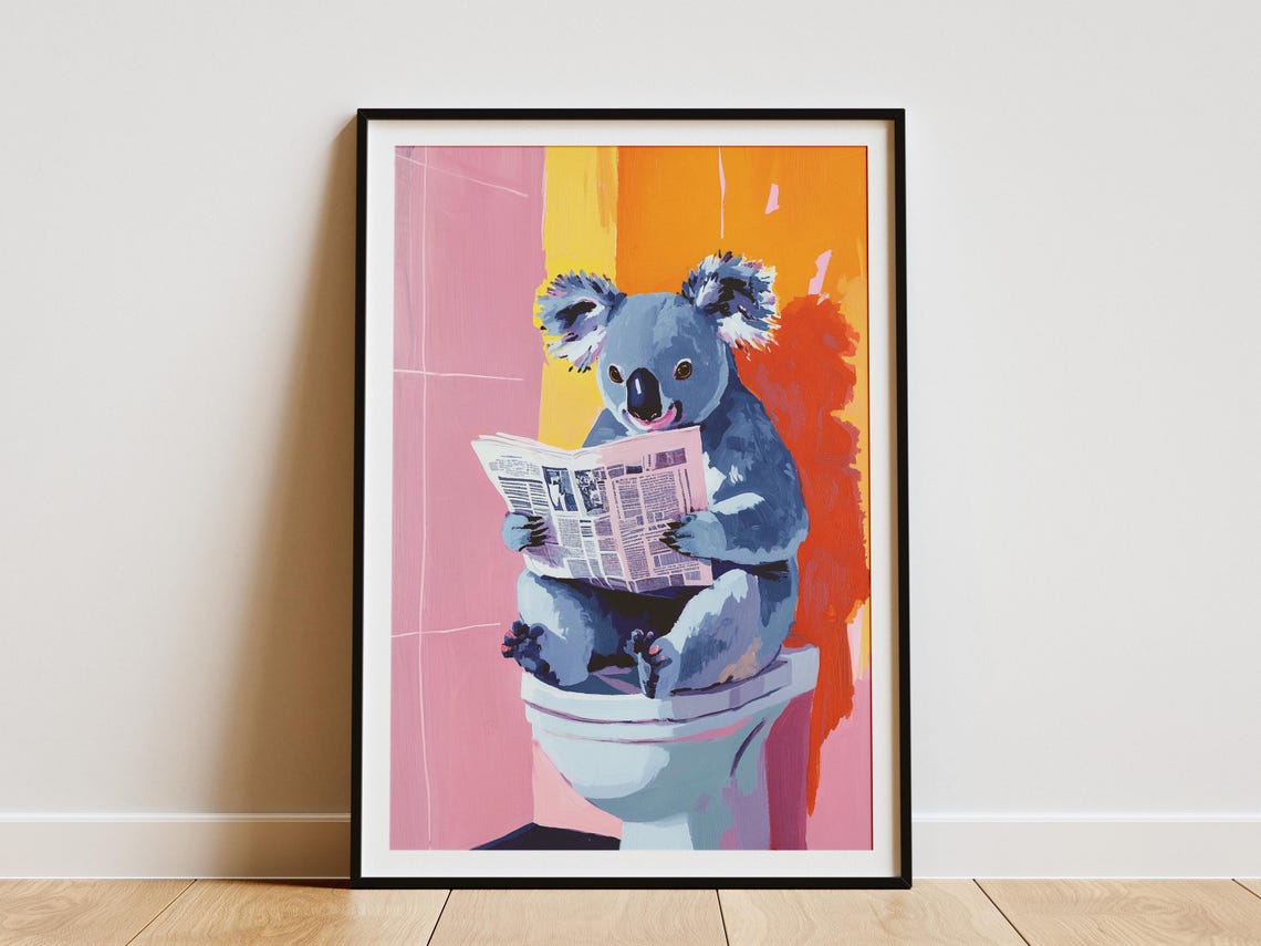 Adorable Koala Reading Newspaper On Toilet Pink Bathroom Poster