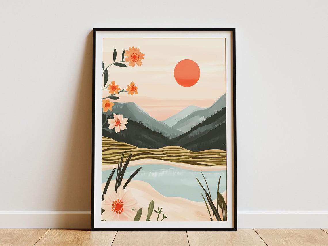 Red Sun Rice Terraces Boho Floral Mountain Blossom Landscape Poster